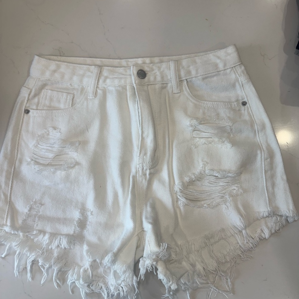 SHEIN White Distressed Jean Shorts High-Waisted Frayed Hem